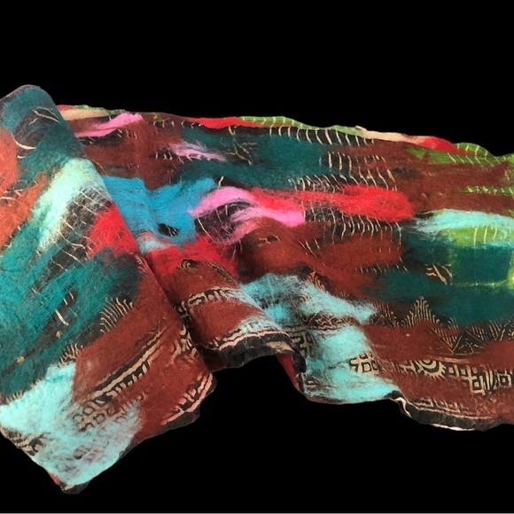 Nepal Artsy Colorful Felted Merino Wool Silk Long Scarf  74X12 Winter - Picture 5 of 12
